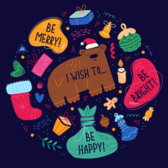 Set of Merry Christmas holiday elements, Happy New Year collection, dreamy bear cute illustration, round composition. Vector