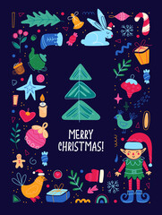 Template of Merry Christmas holiday card, Happy New Year poster, flyer, frame cute illustration. Vector