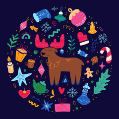 Set of Merry Christmas holiday elements, Happy New Year collection, cute illustration, round composition. Vector