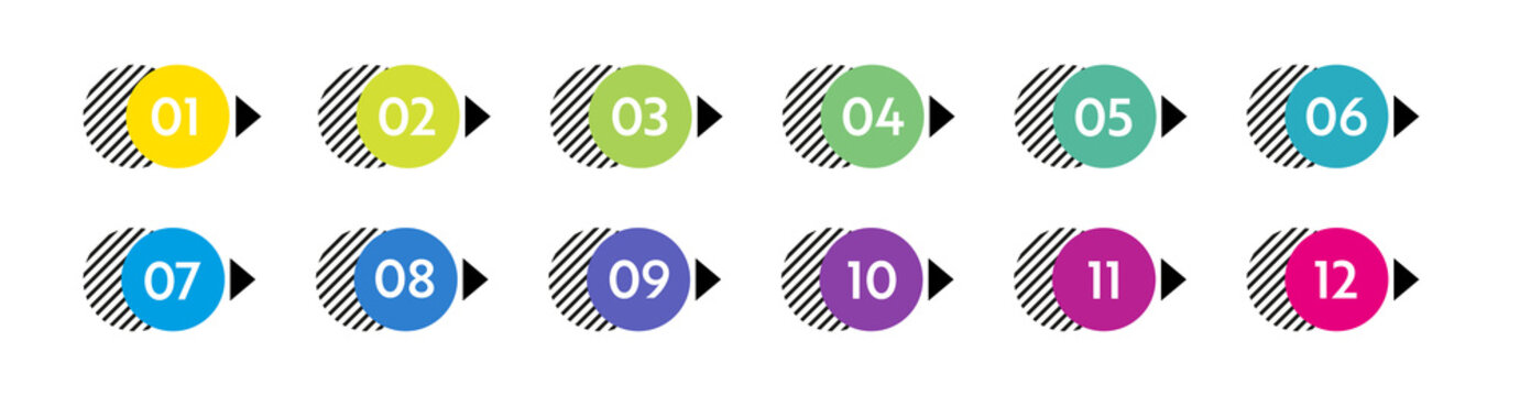 Bullet Points Numbers. Colorful List Markers From 1 To 12. Vector Design Elements Set For Modern Infographic.