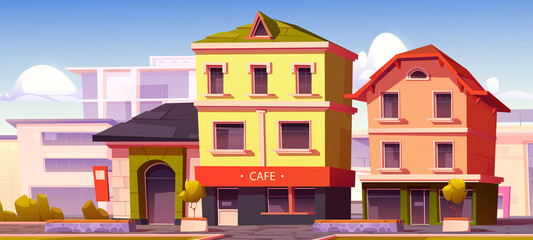 Modern street with cafe and shop buildings in European town. Vector cartoon illustration of city with empty sidewalk, restaurant facade and houses with windows and storefront