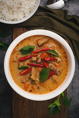 Panang Curry with Pork served with rice on a dark background.