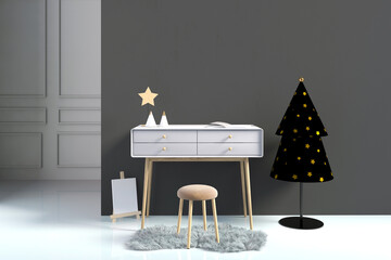Modern Christmas interior with work table, Scandinavian style. Wall mock up. 3D illustration