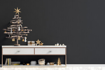 Modern Christmas interior with credenza, Scandinavian style. Wall mock up. 3D illustration