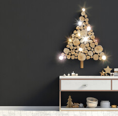 Modern Christmas interior with credenza, Scandinavian style. Wall mock up. 3D illustration