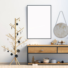 Modern Christmas interior with credenza, Scandinavian style. Poster mock up. 3D illustration