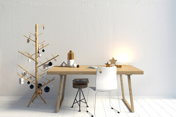 Modern Christmas interior with work table, Scandinavian style. Wall mock up. 3D illustration
