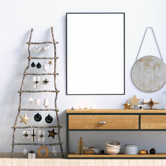 Modern Christmas interior with credenza, Scandinavian style. Poster mock up. 3D illustration