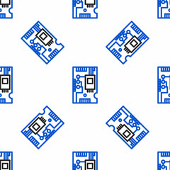 Line Electronic computer components motherboard digital chip integrated science icon isolated seamless pattern on white background. Circuit board. Colorful outline concept. Vector