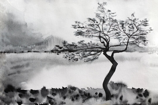 Watercolor picture of mystery landscape of lake, coast and tree in black and white tone