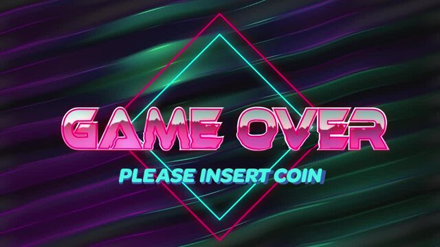 Animation of game over please insert coin in digital abstract space