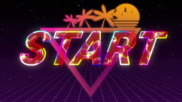 Animation of start text in glowing letters over tropical sunset with palm trees and grid