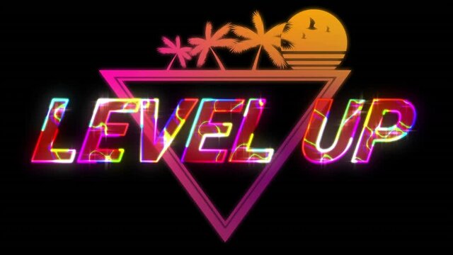 Animation of level up text in glowing letters over tropical sunset with palm trees