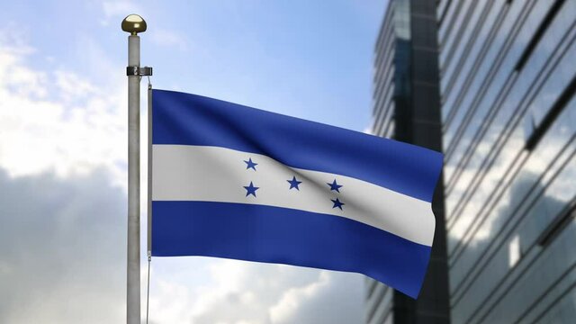 3D, Honduran flag waving on wind with modern skyscraper city. Close up of Honduras banner blowing, soft and smooth silk. Cloth fabric texture ensign background.