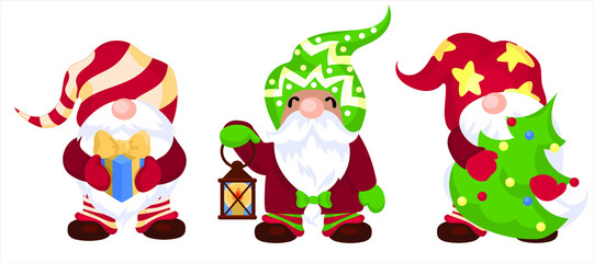 Cute Little Christmas Gnome Vector Illustration Set, Scandinavian Nordic Gnome, Cute Christmas Santa Gnome Elf.  Nordic element design for greeting cards, season greetings, web, wrapper.