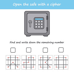 A game for children. Open the safe with a cipher. Cross out numbers by algorithm. IQ test. A game for the development of logic. Vector illustration for printing.