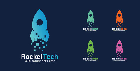 moderne pixel raket logo vector. sjabloon vector logo met eenvoudig en kleurrijk concept, illustratie raket technologie, symbool icoon van software technologie digitale template