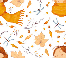 Autumn halloween mood. Seamless pattern with illustration of portrait of girl in scarf, leaves, branch, hawthorn berries, dragonflies. Flat style hand drawn elements isolated on white background