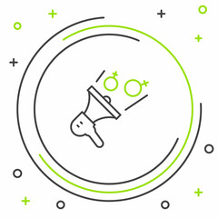 Line Female movement, feminist activist with banner and placards icon isolated on white background. Feminist rights movement, feminism sisterhood. Colorful outline concept. Vector