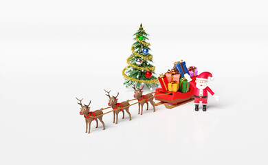 reindeer sleigh with santa claus,gift box,christmas tree isolated on white background.website or poster or Happiness cards,banner and festive New Year, 3d illustration or 3d render
