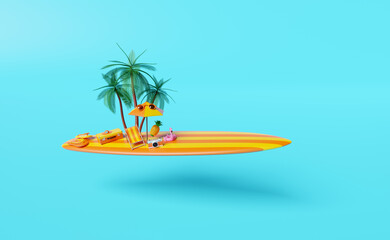 summer travel with orange suitcase,beach chair,umbrella,sunglasses,surfboard,Inflatable flamingo,palm tree,sandals,hat,camera isolated on blue background ,concept 3d illustration or 3d render