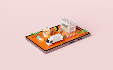 mobile phone,smartphone with warehouse,scooter,truck,building shop store,atm machine,forklift box isolated on pink background.Online delivery or online order tracking concept,3d illustration,3d render