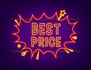 Comic speech bubbles with text Best price. Neon icon. Symbol, sticker tag, special offer label, advertising badge. Vector stock illustration