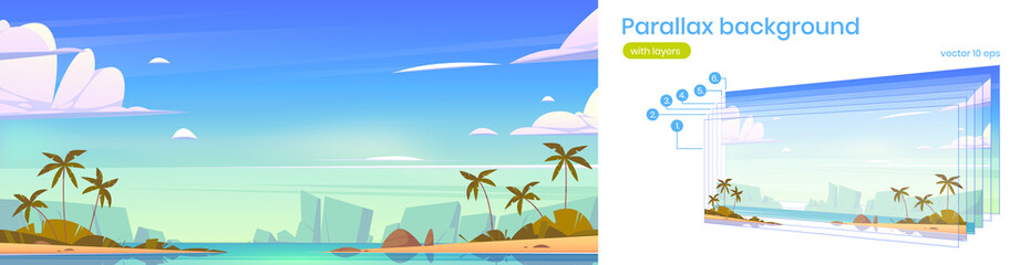 Fototapeta na wymiar Tropical landscape with sea bay, palm trees on beach and mountains on horizon. Vector parallax background for 2d animation with cartoon summer seascape with lagoon, rocks and sand shore