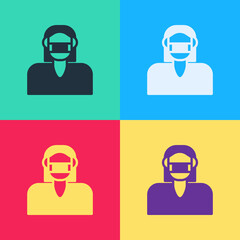 Pop art Woman face in a medical protective mask icon isolated on color background. Quarantine. Vector