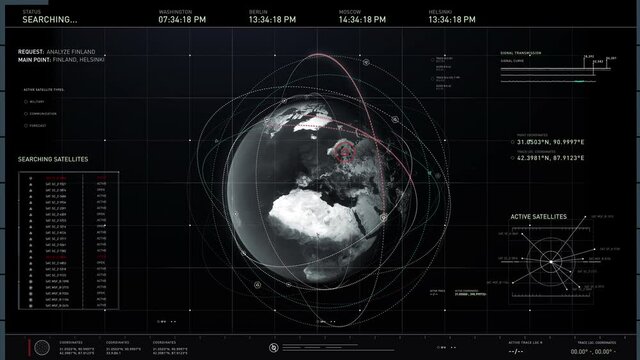 Close-up of a computer screen. The scientists are collecting satellite data on Scandinavian terrain. Selecting three active data sources to analyze Helsinki, Finland. Checking coordinates. UI.