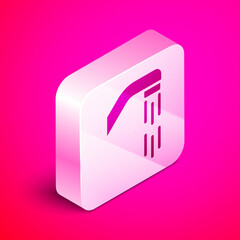 Isometric Shower head with water drops flowing icon isolated on pink background. Silver square button. Vector