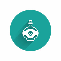 White Poison in bottle icon isolated with long shadow. Bottle of poison or poisonous chemical toxin. Green circle button. Vector