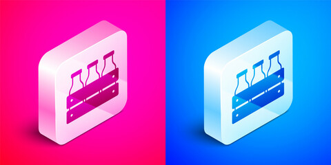 Isometric Bottled milk packed in wooden box icon isolated on pink and blue background. Silver square button. Vector