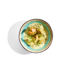 Fried tempura broccoli with peanut sauce in bowl. Vegeterian hot dish - florets cabbages roasted  in klar on white background. Veggie menu for asian restaurant. Hot vegan appetizers plant based.