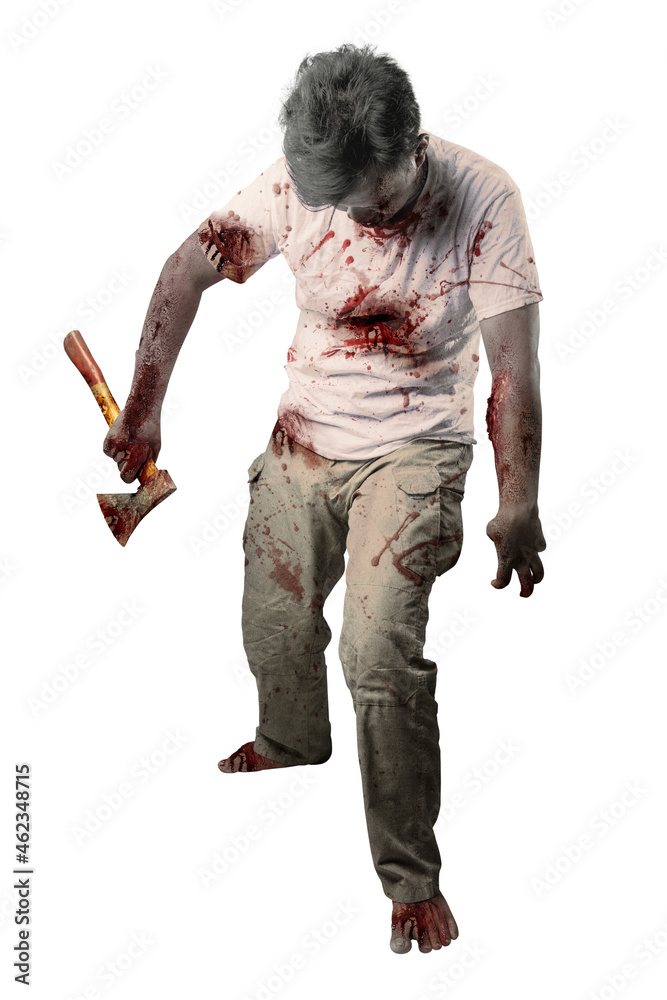 Poster Scary zombie with blood and wound on his body holding ax standing