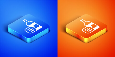 Isometric Wine bottle icon isolated on blue and orange background. Age limit for alcohol. Square button. Vector