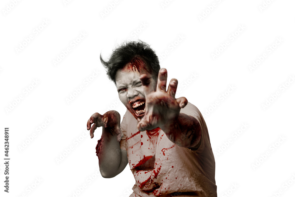 Sticker scary zombie with blood and wound on his body standing