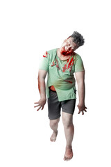 Scary zombie with blood and wound on his body standing