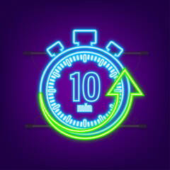 The 10 minutes, stopwatch vector neon icon. Stopwatch icon in flat style, timer on on color background. Vector illustration