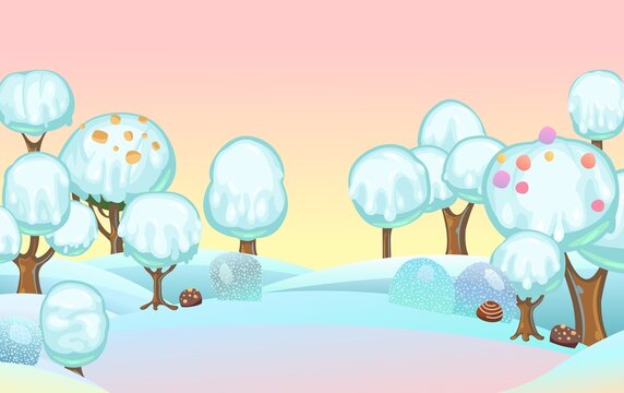 Landscape with ice cream on chocolate sticks. Childrens picture background. Cartoon style. Pink snow drifts. Cold winter dream land. Sweets and drips. Vector