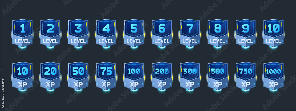 Poster futuristic badges with level number and experience points for game ui design. vector cartoon icons o