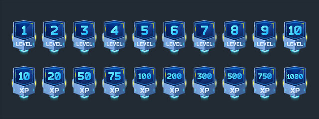 Futuristic badges with level number and experience points for game ui design. Vector cartoon icons of blue labels with rank and xp in sci fi style isolated on background © klyaksun