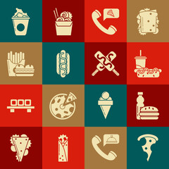 Set Slice of pizza, Paper glass with drinking straw hotdog, Food ordering, Hotdog sandwich mustard, Burger french fries carton package box, Popcorn cardboard and Ice cream icon. Vector