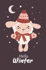 Cute lamb in a hat and mittens on a dark background with the inscription hello winter