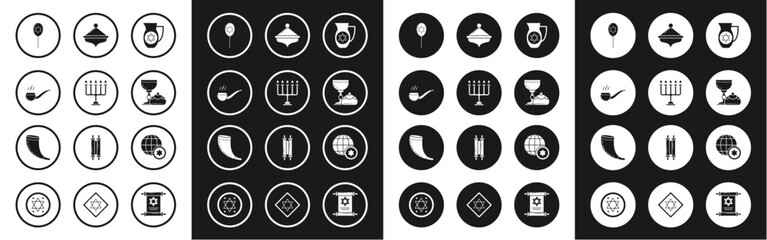 Set Decanter with star of david, Hanukkah menorah, Smoking pipe smoke, Balloons ribbon, Jewish goblet and hanukkah sufganiyot, dreidel, World Globe Israel and Traditional ram horn, shofar icon. Vector