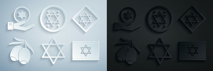 Set Star of David, Olives branch, Flag Israel, Jewish coin and on hand icon. Vector