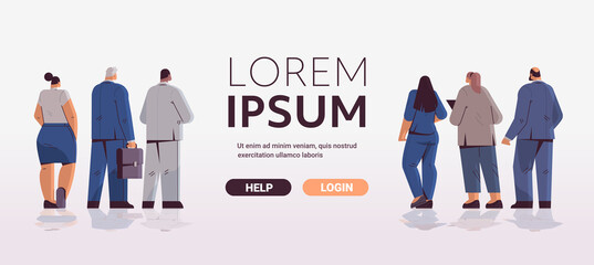 mix race businesspeople team standing back to camera rear view of business people group posing