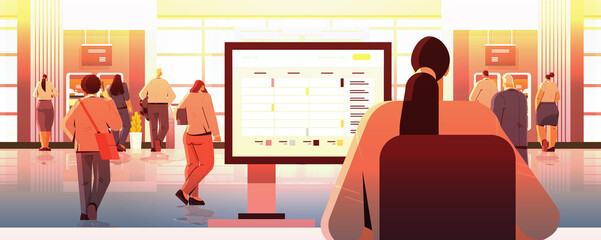 businesswoman using agenda on computer monitor time management organization at work concept office interior