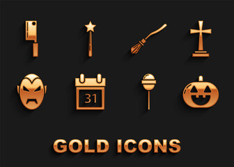 Set Calendar with Halloween date 31 october, Tombstone cross, Pumpkin, Lollipop, Vampire, Witches broom, Meat chopper and Magic wand icon. Vector