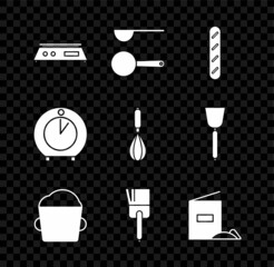 Set Electronic scales, Measuring spoon, French baguette bread, Bakery bowl dough, Kitchen brush, Flour pack, timer and whisk icon. Vector